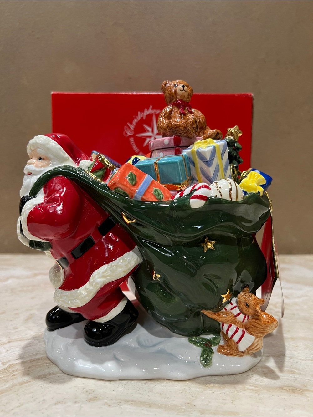 Christopher Radko Red, Green & Gold Santa with Gift Sack Candleholder - Picture 2 of 14